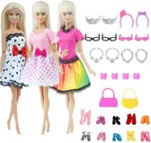 Dolldreams | Barbie kleertjes set - 3 jurkjes, 10 paar schoenen, sieraden, kroontjes, brillen en tassen- Barbie kleding