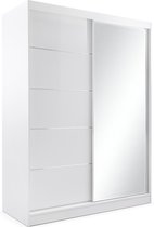 E-MEUBILAIR Zweefdeurkast Kledingkast met Spiegel Garderobekast met planken en kledingstang - 150x61x200 cm (BxDxH) - LARA 05 (Wit)
