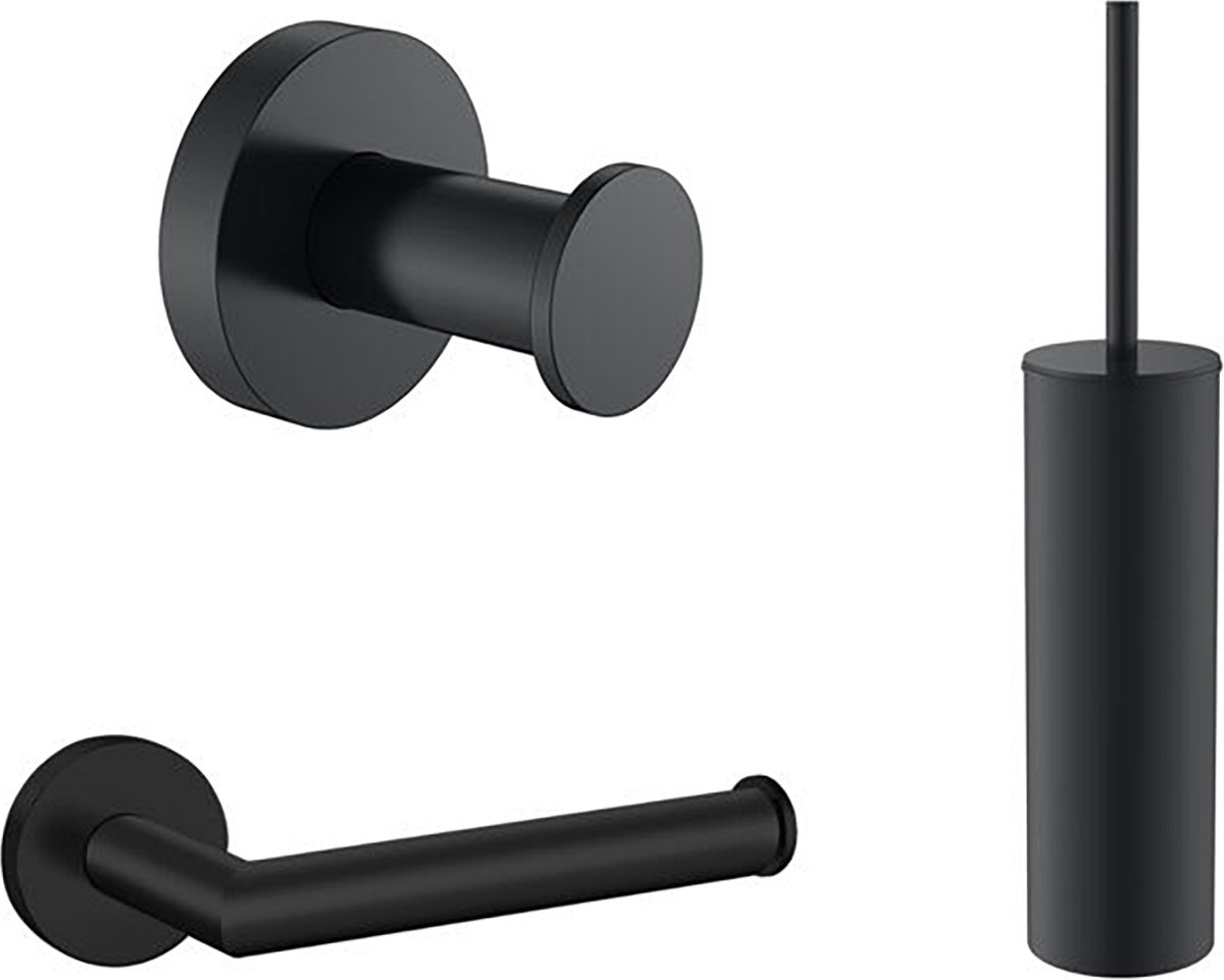 Toilet Accessoires Set Mat Zwart met Toiletborstel, WC Rolhouder en Haak
