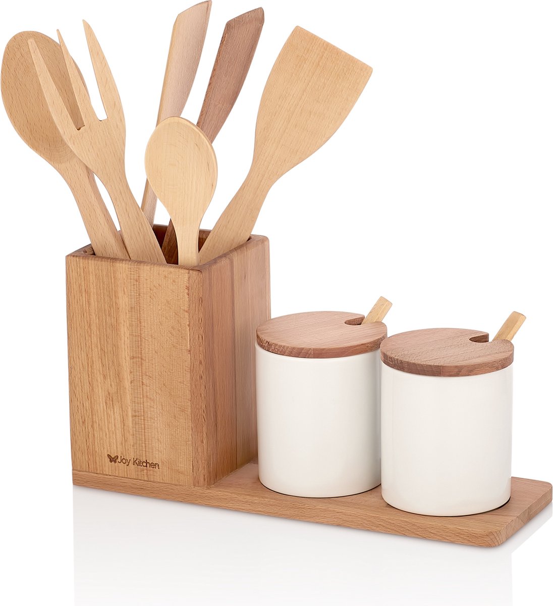 Joy Kitchen porseleinen opberg bakjes op houten plateau inclusief houten keukengerei houder | servies bekers | houten deksels | beker met lepels en deksel | bekerhouder | voorraadpotten | serviesset | porseleinen bewaarbakjes | bewaarpotjes