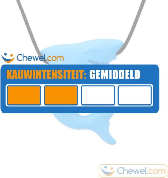Chewel.com logo met tekst "KAUWINTENSITEIT: GEMIDDELD" en twee oranje blokjes.