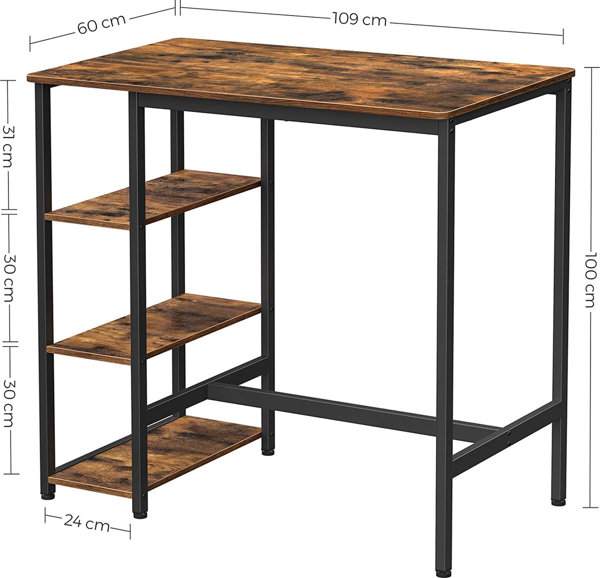 Vasagle table haute, table de bar rectangulaire, avec 3 étagères, structure  en fer stable, pour cuisine, salle à manger, 109 x 60 x 100 cm, montage  facile, marron rustique lbt11x Structure en