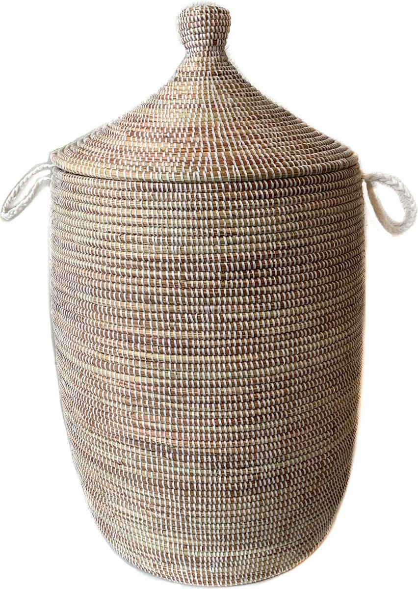 Teranga | Rieten mand met deksel traditionele vorm wit 70x45cm