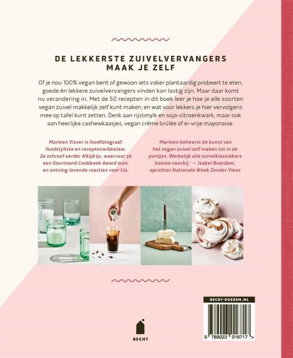 Achterkant van een boek met tekst over vegan zuivelvervangers en afbeeldingen van veganistische producten en recepten.