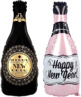 Happy New Year Flessen Set Ballonnen 2 stuks Roze en Zwart - XL - Champagne - 2022 - Nieuw Jaar - Oudjaarsavond - Oud en Nieuw - Ballonnen - Helium Ballon - Oudjaarsavond - Thema feest - Dranken - Folie ballon - Leeg - Versiering