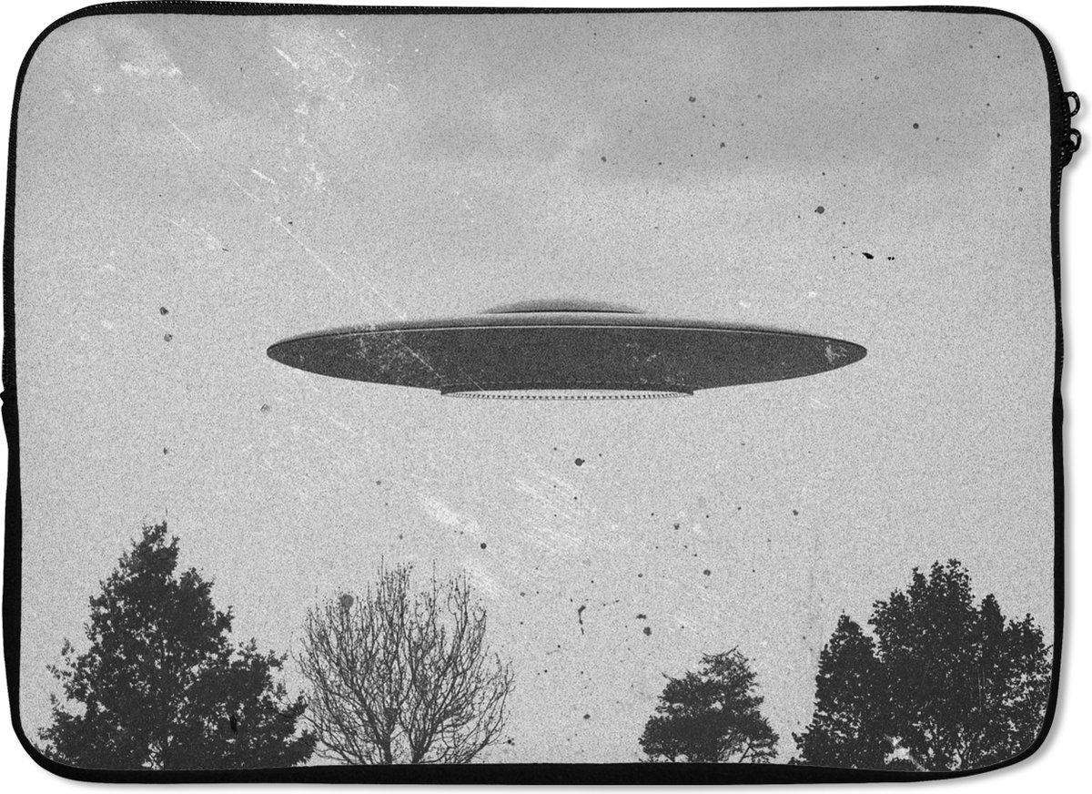 Laptophoes 14 inch - Ufo - Vintage - Boom - Zwart - Wit - Laptop sleeve - Binnenmaat 33x23 cm - Zwarte achterkant
