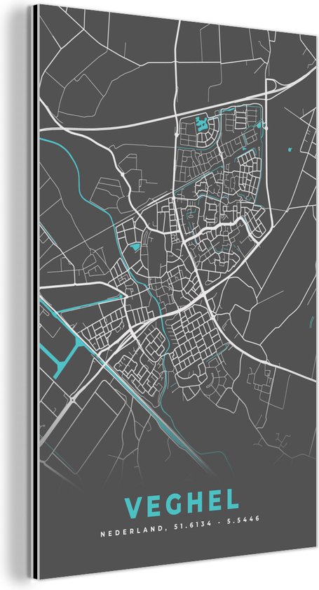 Wanddecoratie Metaal - Aluminium Schilderij Industrieel - Stadskaart - Veghel - Grijs - Blauw - 100x150 cm - Dibond - Foto op aluminium - Industriële muurdecoratie - Voor de woonkamer/slaapkamer - Plattegrond