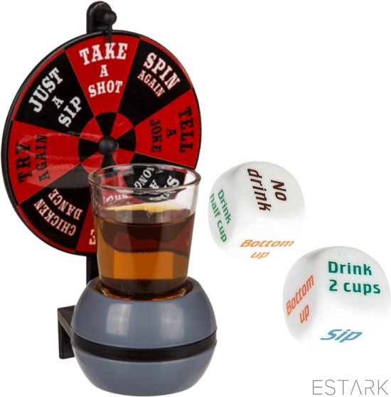 ESTARK Drankspel / Drinkspel - Draaiwiel Met Opdrachten - Shotglas - Dobbelstenen met Doe Opdracht - Roulette - Drankspelletje - Drink - Drank - Spel - Drinken - Shots - Party - Partyspel - Dobbelen - LUXE SET - 4 Delig