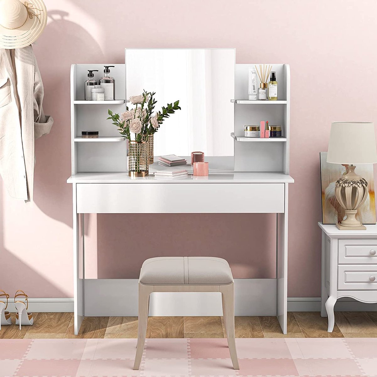 Coiffeuse Lazyspace avec grand miroir, tiroir et 4 étagères, coiffeuse avec  meuble,... | bol.com