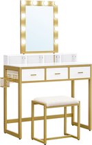 WoonWerkInterieur - Kaptafel Set - Tafel - Wit - Gouden Details -  Inclusief Spiegel - 10 Gloeilampen - Kruk - 90x40x145,5 cm