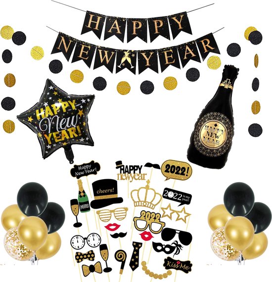 MagieQ Nouvel An Or , Pack de Décoration Zwart avec Ballons Confettis en  Papier 