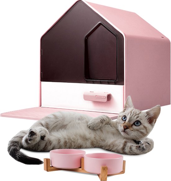 Kattenbak Villa met dubbele voerbak en kattenbakmat – Kat - Drinkbak –  Modern en... | bol.com