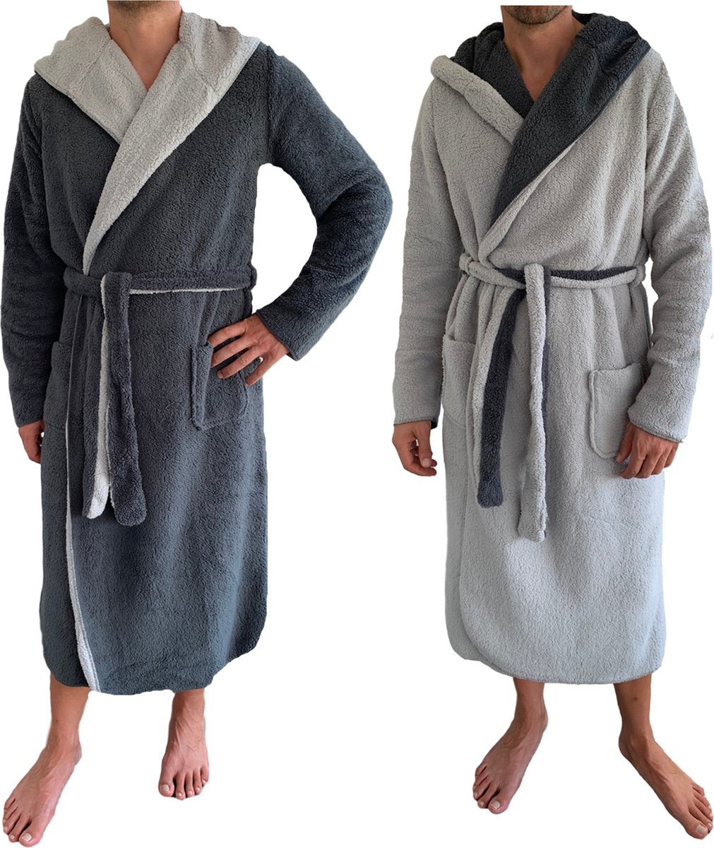 HOMELEVEL Sherpa Heren Omkeerbare Hooded Dressing Gown Huisjas Badjassen Winter Warm Lichtgrijs Maat XL