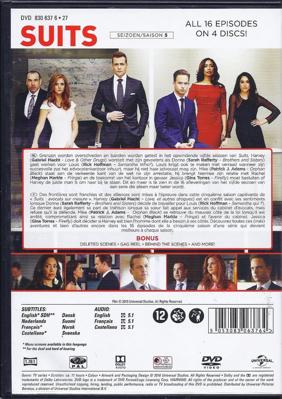 Zes mensen in nette kleding voor een kantoor, met 'SUITS SEIZOEN/SAISON 5' en 'ALL EPISODES ON 4 DISCS'.