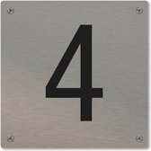 Huisnummerbord - huisnummer 4 - voordeur - 12 x 12 cm - rvs look - schroeven - naambordje - nummerbord