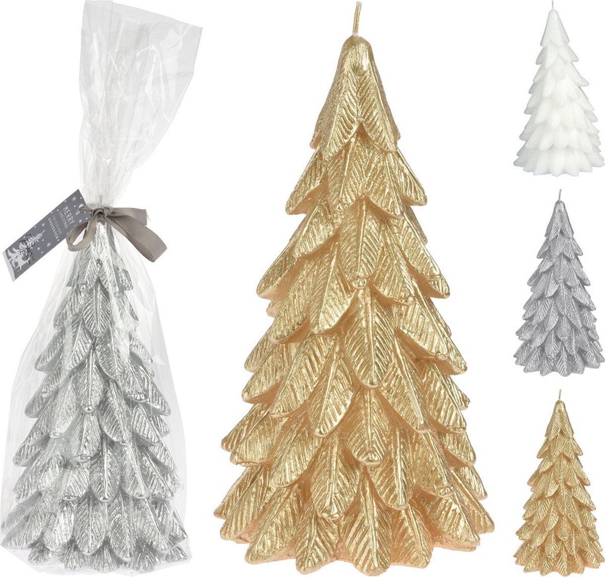H&S Decoration Kerstboom in de vorm van kaarsjes - 3 stuks - Goud Zilver en Wit - 18 cm hoog - kerst -kerstverlichting Goud en Zilver en Wit