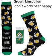 Bier sokken verpakt in bierblikje -groen don't worry beer happy- maat 42/47 -Leuk Verjaardags Cadeau - Giftbox - Per Paar in Blik.