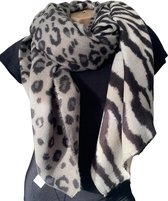 Lange Warme Dames Sjaal - Panter - Luipaard - Zebra Print - 2-Zijdig - Grijs - Zwart - Wit- 180 X 90 cm (9496)