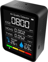 Hoobi® CO2 meter - 5 in 1 - Luchtvochtigheidsmeter - Hygrometer - Temperatuurmeter - Lcd scherm - Draadloos - Draagbaar – Zwart