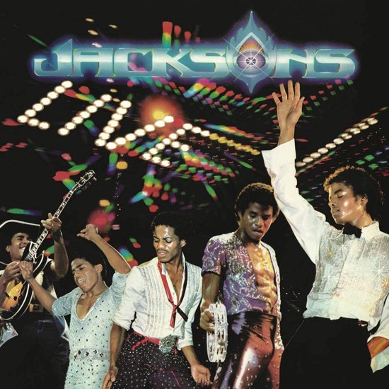 The Jacksons Live album cover featuring five men in sparkly stage outfits, illuminated by colorful lights and fireworks.