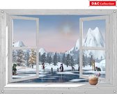 D&C Collection - tuinposter - 130 x 95 cm - kerstposter voor buiten - doorkijk Wit venster kerst winterlandschap met spelende pinguins op ijsbaan - winter poster - kerst decoratie - kerstinterieur