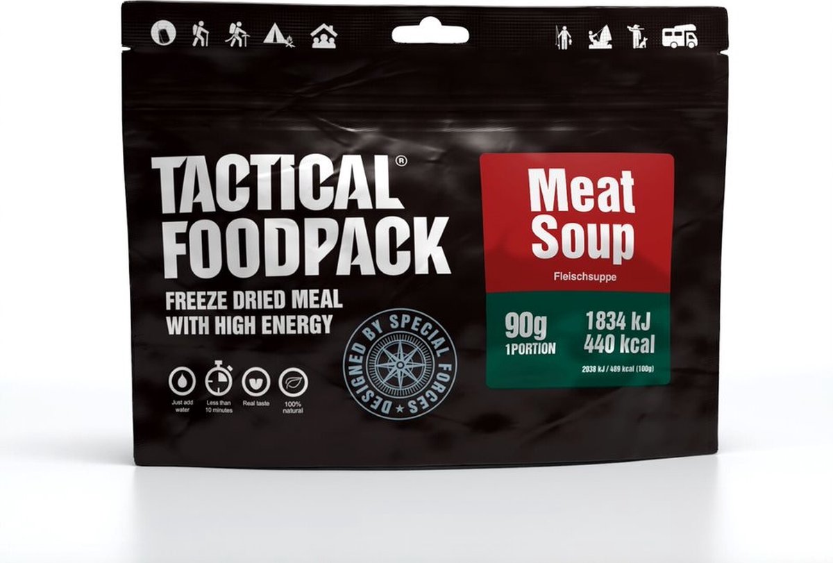 Tactical Foodpack Meat Soup(90g) - varken svleessoep - 440kcal - buitensportvoeding - vriesdroogmaaltijd - survival eten - prepper - 8 jaar houdbaar - lunch of avondmaaltijd