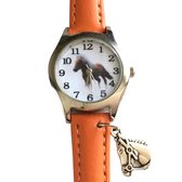 Horloge- Paard met bedel-Oranje- Leer- Extra batterij- Charme Bijoux