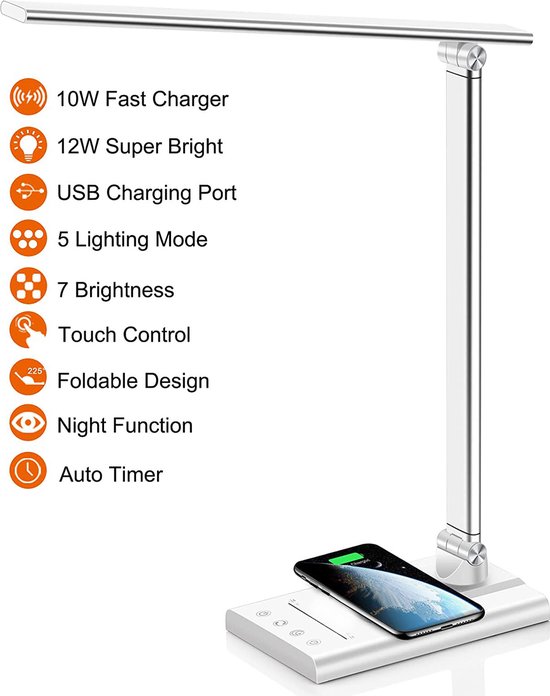 Lampe de bureau LED Fuegobird EK010 - Filaire - Recharge sans fil pour téléphone - Dimmable - Pliable - Smart Touch - Technologie Qi - Argent