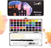 Kamyra® Waterverf Schilder Set - 50 Kleuren Aquarelverf - Tinnen Doos - 5 Detail Kwasten - Mengpalet - Schilderen - Hobby - 202x82x33mm