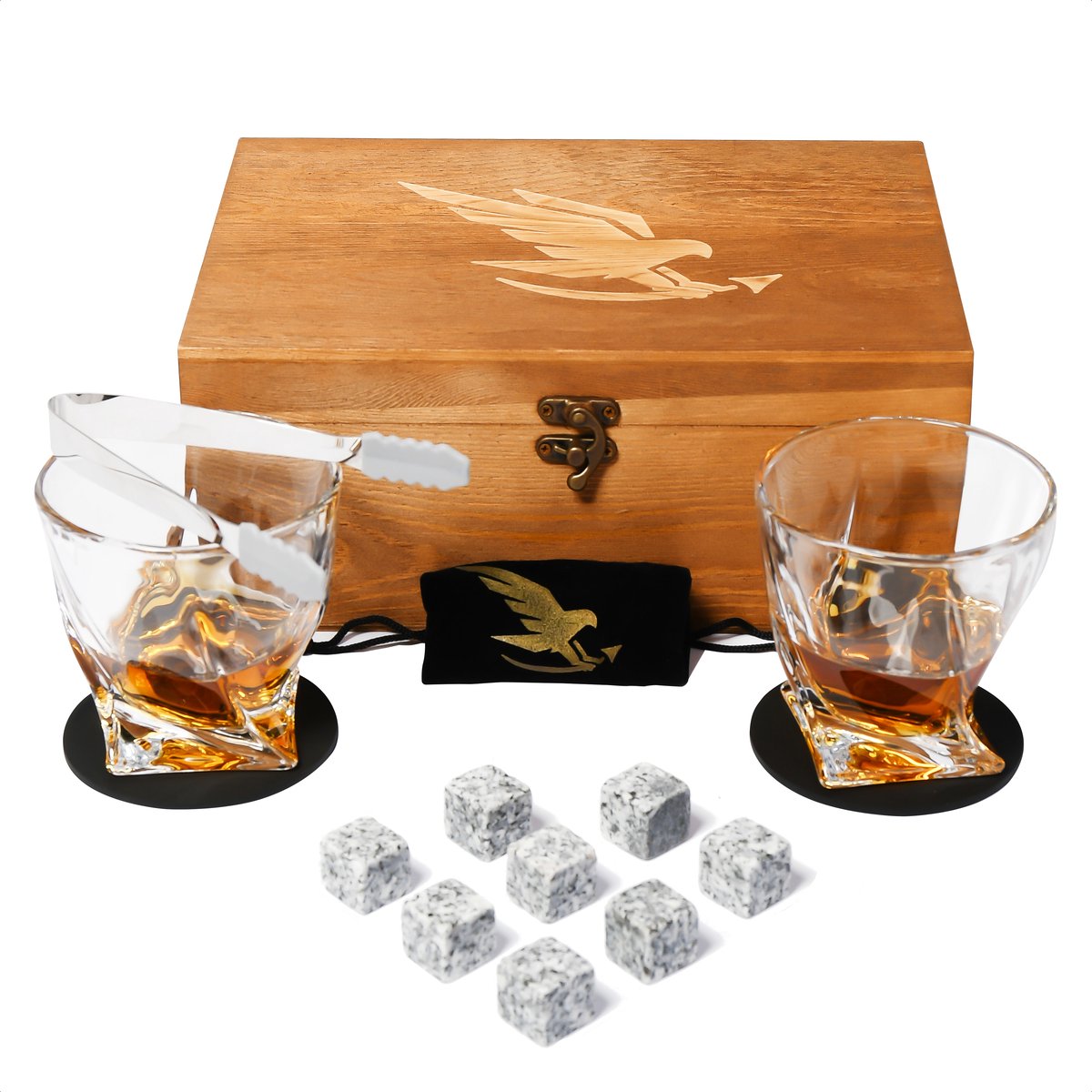Eagle Whiskey Set – Whiskey stones – Whiskey glazen – Whiskey cadeauset – Met opbergzakje, onderzetters, tang, en acht stones