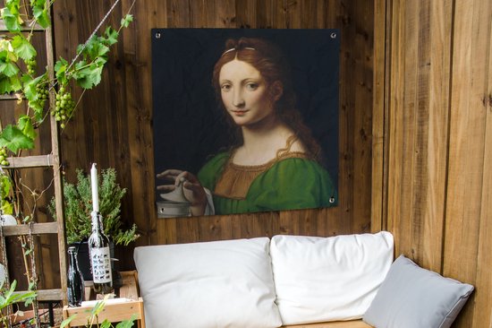 Tuinposter 100x100 cm - Tuindecoratie Maria Magdalena - Leonardo da Vinci - Poster voor in de tuin - Buiten decoratie - Schutting tuinschilderij - Tuindoek muurdecoratie - Wanddecoratie balkondoek