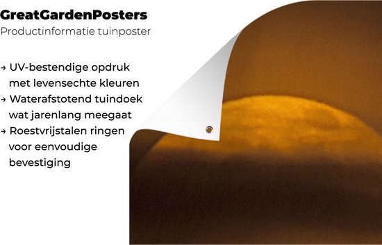 Tuinposter 100x200 cm - Tuindecoratie Maan - Wolken - Oranje - Poster voor in de tuin - Buiten decoratie - Schutting tuinschilderij - Tuindoek muurdecoratie - Wanddecoratie balkondoek