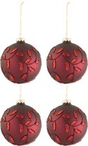 Doos Van 4 Kerstballen Blaadjes Glitter Glas Mat Kerstrood Medium