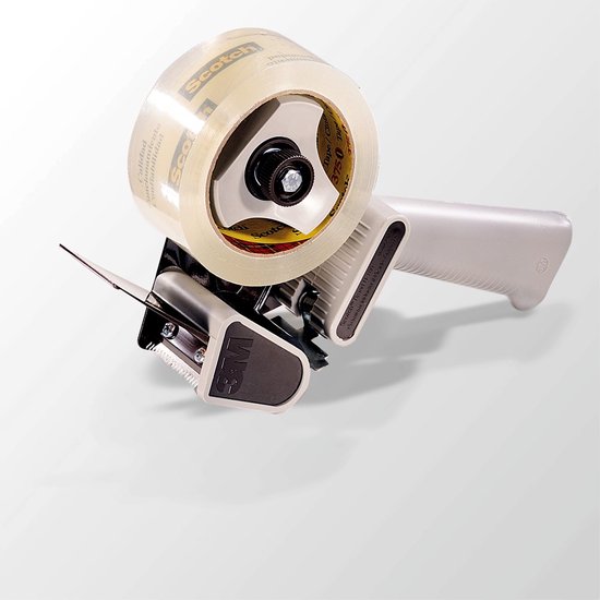Lichtgrijze verpakkingstape dispenser met een rol Scotch doorzichtige tape en 3M logo.