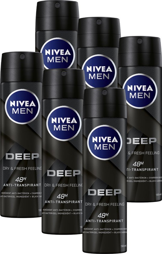 NIVEA MEN Deep Deodorant Spray - Dark Wood geur - Met black carbon - Beschermt 48 uur - Antibacterieel en alcoholvrij - 6 x 150ml - Voordeelverpakking