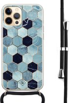 iPhone 12 Pro hoesje met koord - Blue cubes | Apple iPhone 12 Pro crossbody case | Zwart, Transparant | Marmer