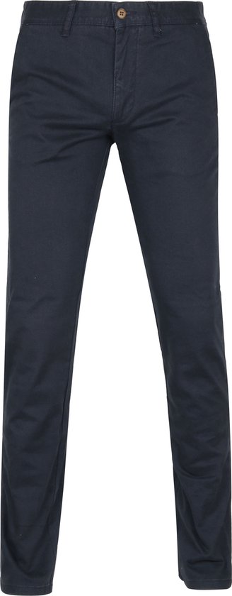 Donkerblauwe chino voor heren met gestructureerde stof, knoopsluiting en riemlussen.
