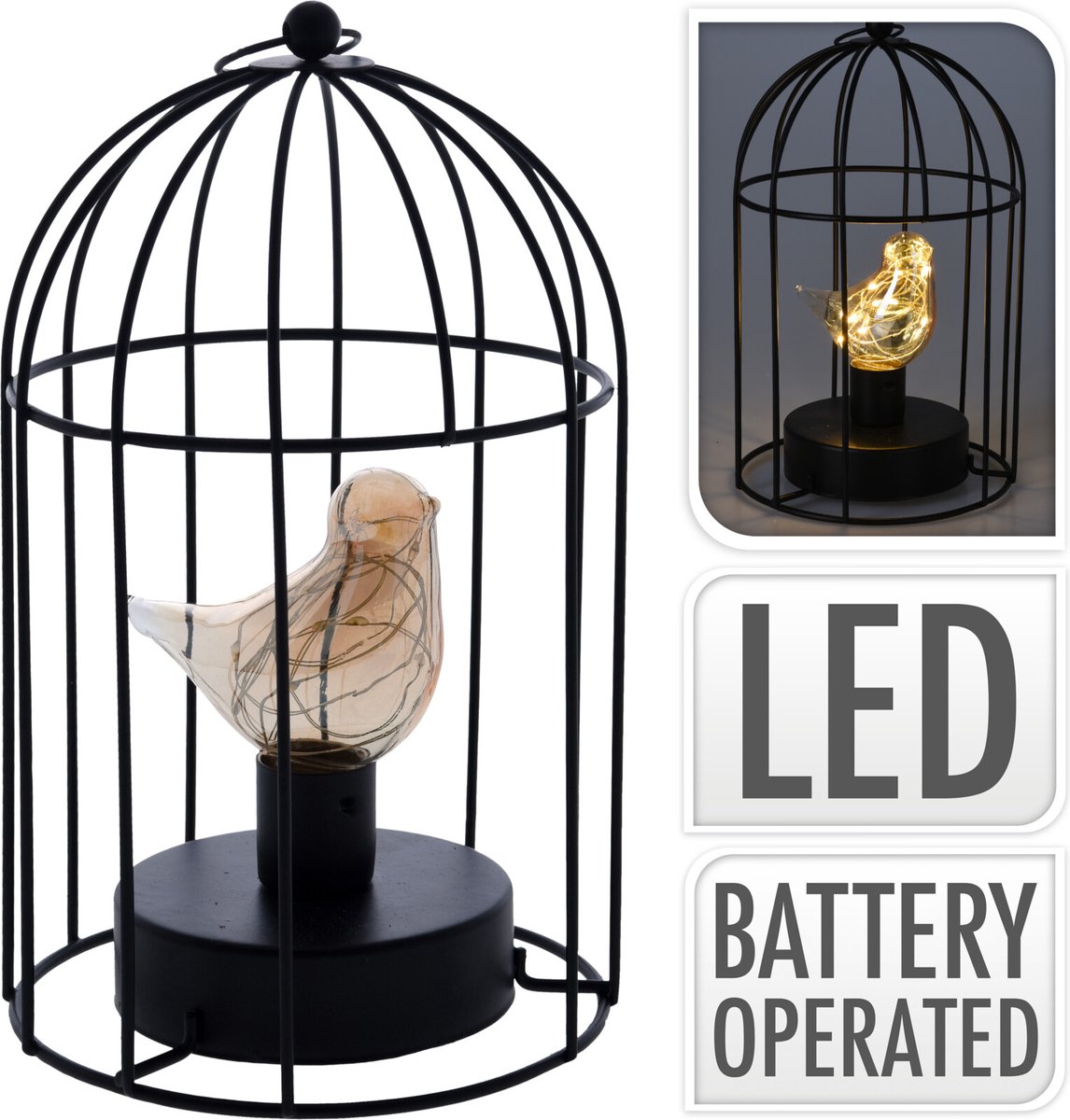 LED Lamp In Metalen Vogelkooi Met Glazen Vogel