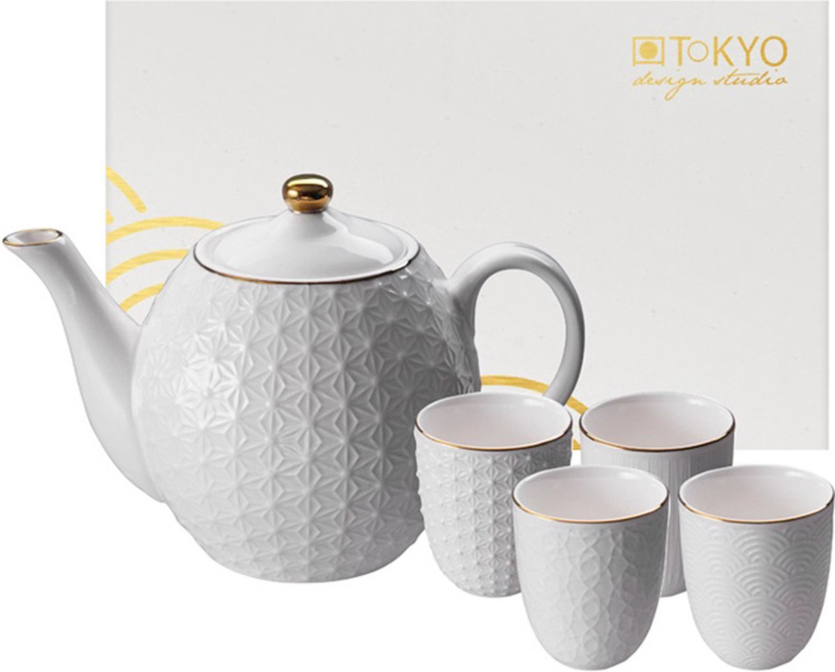 Tokyo Design Studio - Nippon White Gold Rim Tea Set - Giftbox - Theepot 1300ml met 4 Thee Kopjes 170ml - Wit met Gouden Rand