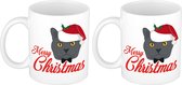 Set van 2x stuks cadeau kerstmokken Merry Christmas met grijze kat - 300 ml - mokken / bekers - kerstcadeau kattenliefhebbers