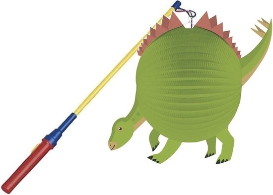 Groene dinosaurus lampion met stekels op de rug en een lampionstokje met rode handgreep.