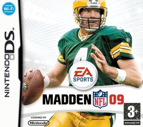 Cover van Madden NFL 09. Een quarterback in groen en geel tenue met helm, met bal in hand.