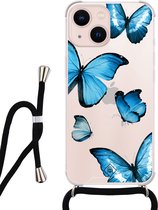 iPhone 13 hoesje met koord - Blauwe vlinders | Apple iPhone 13 crossbody case | Zwart, Transparant | Geen opdruk