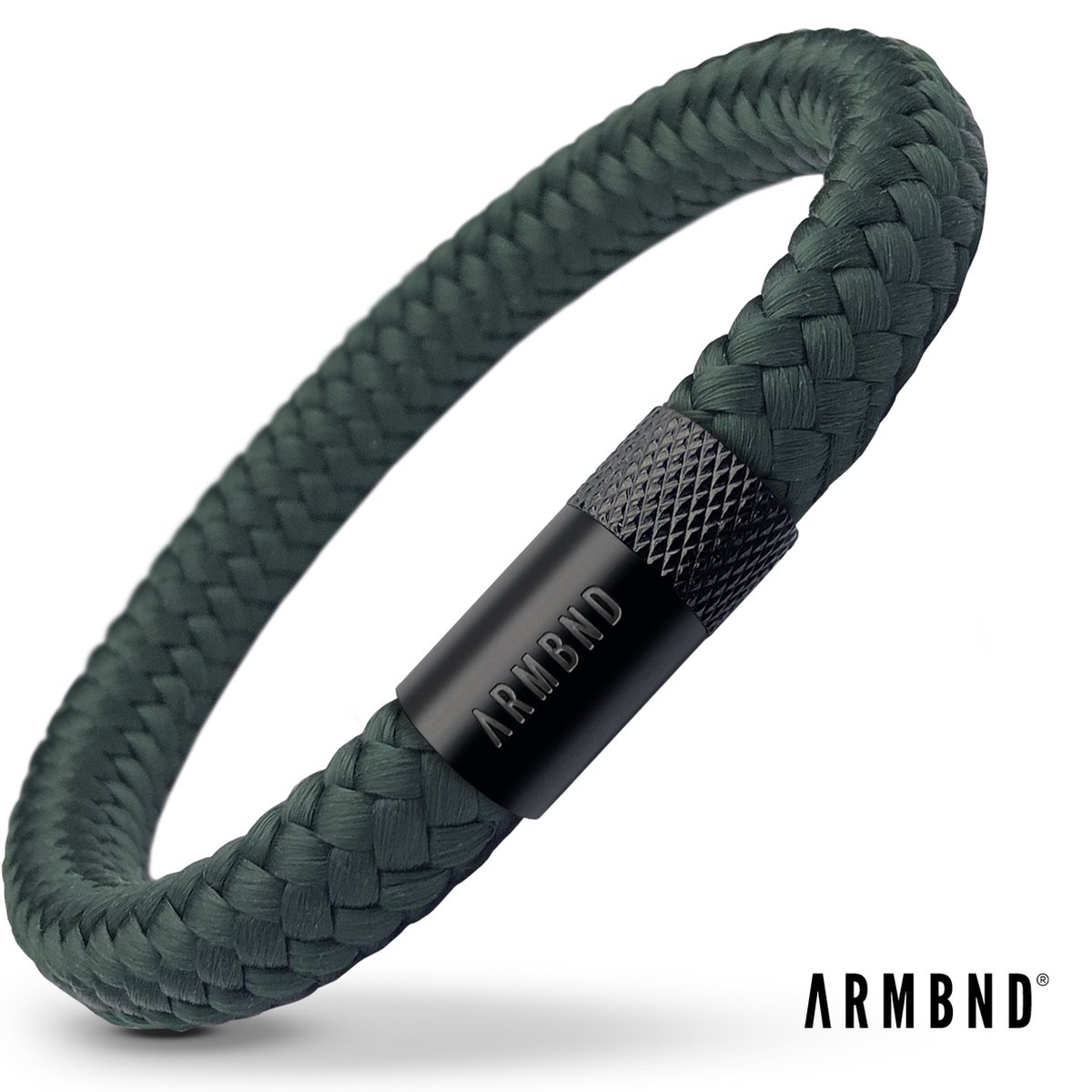 ARMBND® Heren armband - BANNER KLAAR MEE - - Forest Groen Touw met Zwart Staal - Armand heren - Maat L/XL - 24 cm lang - The original - Touw armband