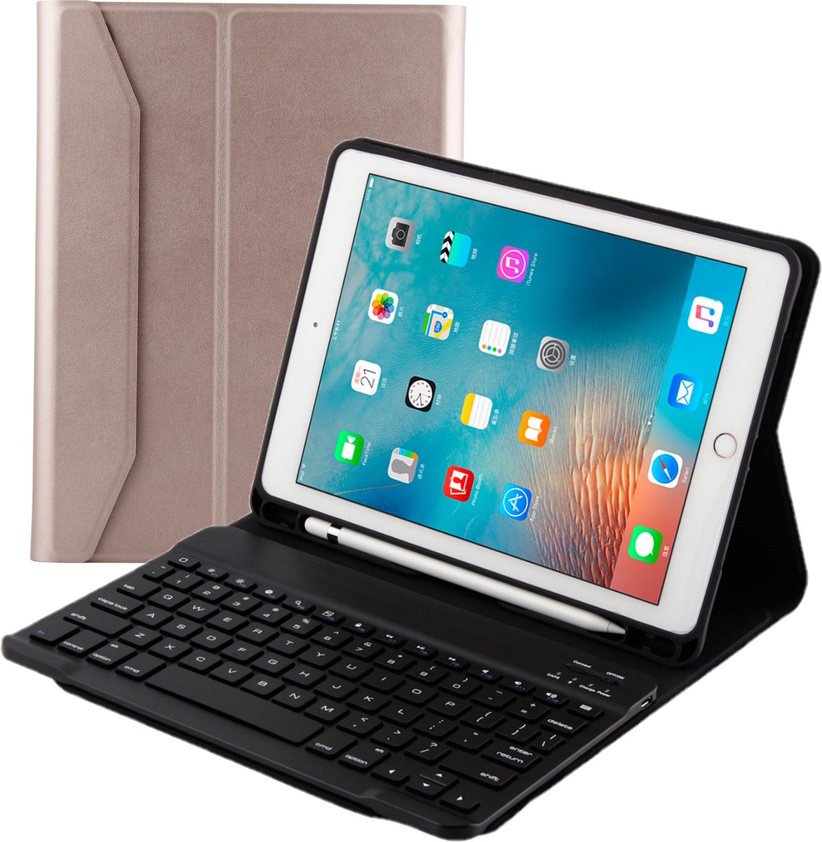 iPad 2018 Toetsenbord Hoes - iPad 6 Keyboard Case - Apple iPad 9.7 Smart Book Cover - Met Uitsparing Apple Pencil - Bluetooth Toetsenbord Hoesje - Rose Goud