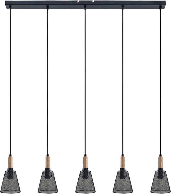 Lindby - hanglamp - 5 lichts - staal, hout - E14 - zwart, licht hout