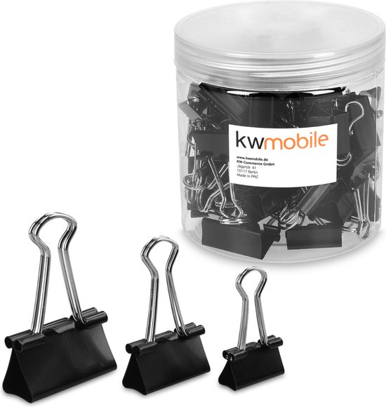 kwmobile 60 pièces trombones noirs - Set de 60 pinces à rabat - Pinces à documents - Pinces à rabat - 20x 19mm, 20x 25mm et 20x 32mm - Zwart