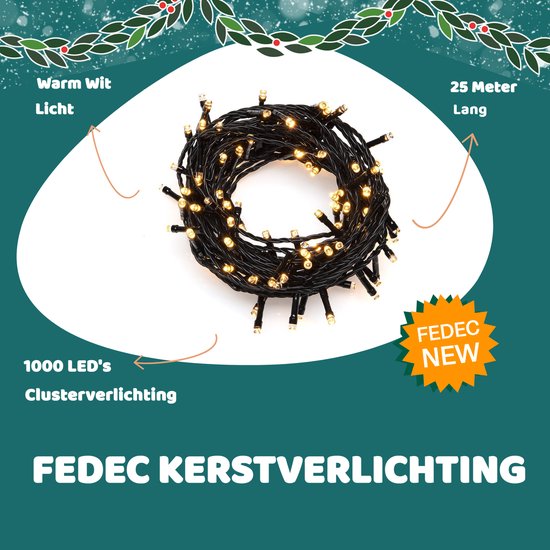 FEDEC 1000 LEDS Kerstverlichting binnen en buiten - 25 meter -  Clusterverlichting -... | bol.com
