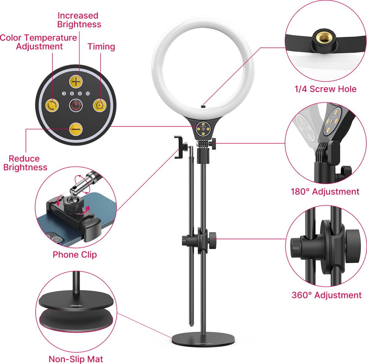 10 Inch Desk Ring Light with Stand and Phone Holder, Overhead Tripod, Ring Light, Video Conference Light with Adjustable Desk Arm Stand for YouTube, TikTok, Work for Phone, Webcam