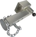 Zilverkleurige, kantelbare steunpoot met ketting en platte voet, los van elkaar gepresenteerd.